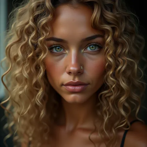 /imagine A blonde Russian girl with very very curly hair whos  with green eyes and extremely dark tan brown skin