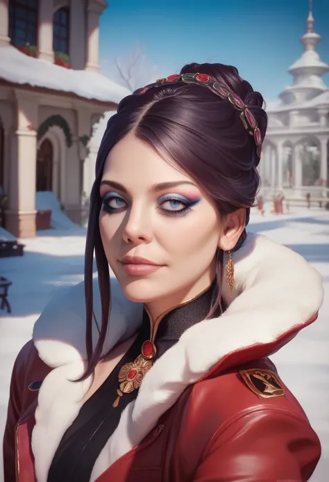 eliza1,1girl, solo, (realistic),(hyperrealism),(best quality),(masterpiece),(ultra high res),(photorealistic),(film grain),(upper body), eye makeup,detailed eyes,detailed face,red jacket, posing for a photo, outside winter 