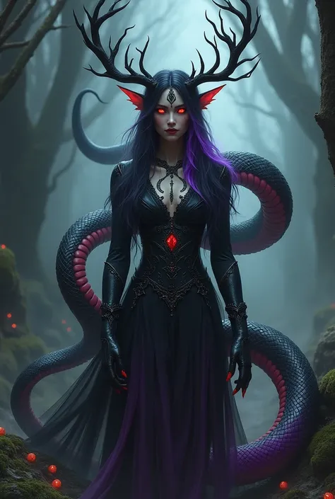 Druid Lady with Red Eyes, Black and Red Snake lower body, Antlers, Elf ears, black hair with purple highlights