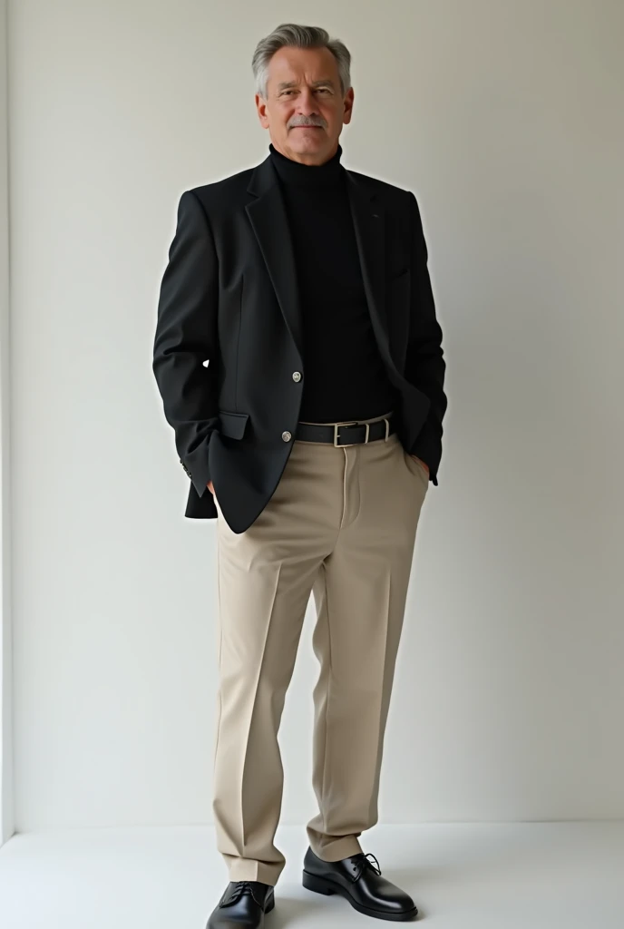 A man with black blazer and black shoes with lite khaki pant and black turtleneck sweater  