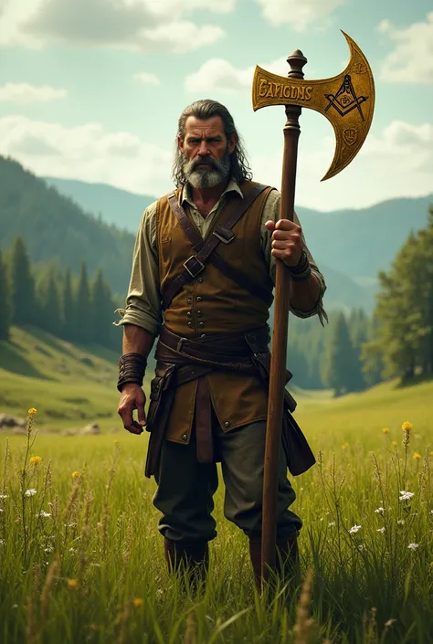 Country man on a field with an axe but a golden back and the Masonic symbol on it 