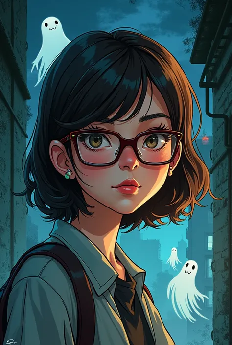 Comic about a paranormal investigator girl with short brown hair wearing glasses 