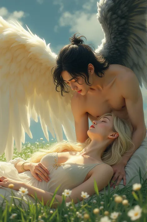  Make a beautiful blonde angel with beautiful wings , lying on a lawn ,  and above him looking at her there is a wonderful Korean Angel, with long and black hair,  he is very strong and shows off his body ,  he has beautiful black wings ,  very romantic lo...