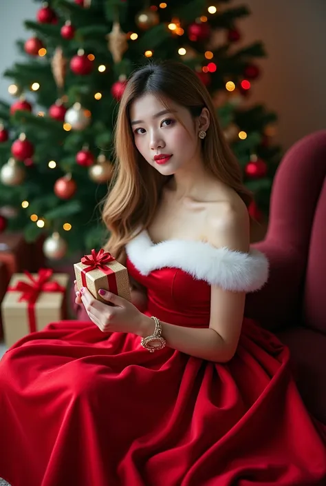 Complete original photo of a beautiful woman from Korea, slim body, slightly slanted eyes, photo near the Christmas tree while sitting on a maroon sofa, dressed like Santa Claus with long, slightly blonde hair, brown eyes, dark brown eyeshadow, black eye p...