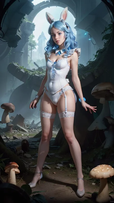 (La  Best Quality , A high resolution ,Ultra - detailed,actual), Alice in Wonderland , short blue dress, white thigh media, long yellow hair, ,( Dungeon ruins background in ruins cyberpunk dark forest :1.4 ), More detailed 8K.Unreal Engine:1.4, Ultra high ...