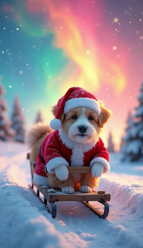 A dog dressed as Santa comes on a sled from a rainbow-colored snowy sky。