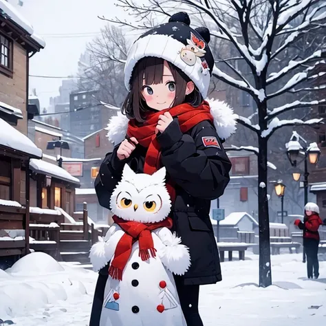 masterpiece、A snowy town  、Two girls personify baby owls  、  body 、Chibi、      catches an owls ears and tail  、snowball fight  ,   happy expression