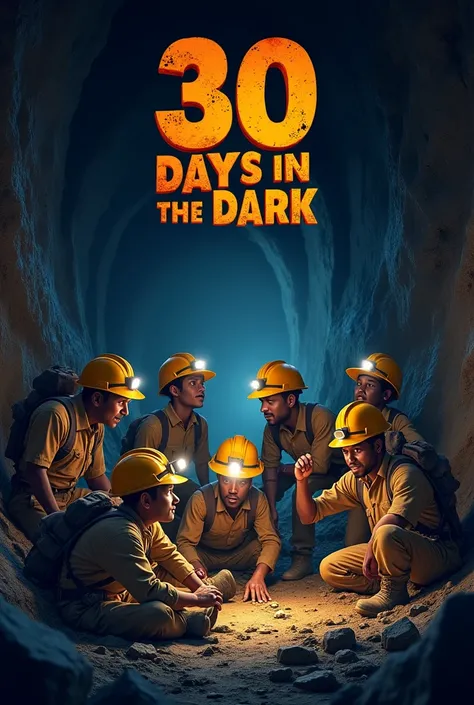 movie poster, A picture of men working in the rain stuck in a mine, wearing a flashlight and a helmet on their heads , carrying mining equipment , sitting on the ground desperate ,  others have fallen and rubble , some wanna get hurt , and then put it with...