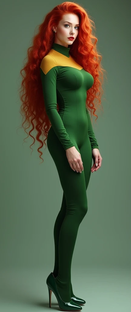 (Photorealism:1.2), a very beautiful woman, very muscular body, full body side view, white complexion, ultra long red curly hair, green eyes, sexy pose, in Star Trek, tight seven-of-nine uniform, sexy makeup with red lipstick, enormous but firm breasts, ab...