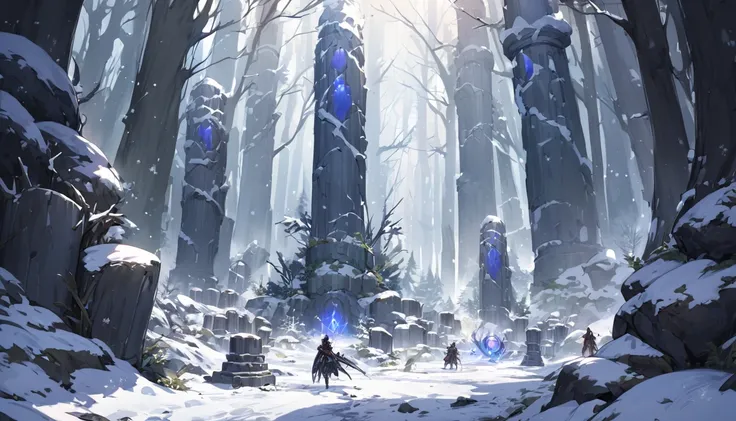 the environmen is a sinister snowy forest with magic stone pillars everywhere, bones on the ground, in a fantasy settings 