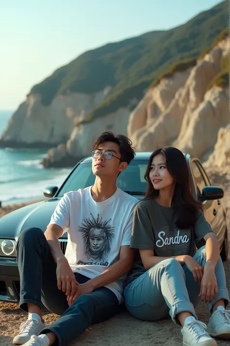  Cinematic photo of an Asian couple sitting in front of an asp car in front of car bumper robricon black metallic color girl wearing t-shirt writing "Sandra" A graffiti model and a guy wearing a box line motif shirt wearing glasses are both enjoying the be...