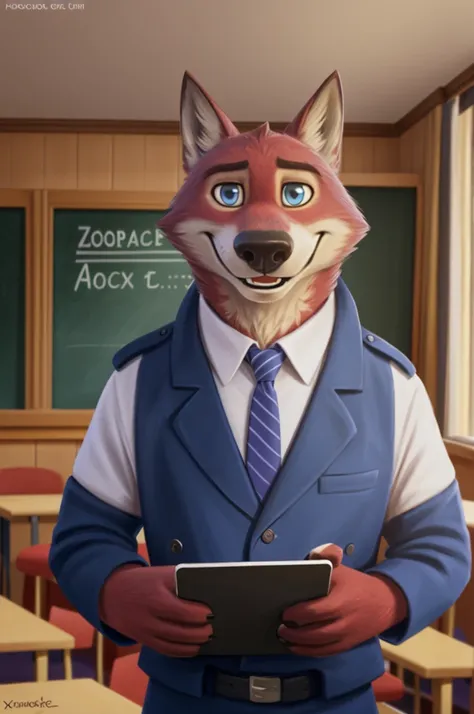 Joachim Wolfbach restaurant, s, (Zootopia),tall handsome, wolf,young, 24 years, brown fur,(red body:1.3),Blue eyes, Moscow Dressed black blazer, shirt,red tie,trousers, canine, wolf, detailed fur, Male, second, paw pads, finger claws,Holding a laptop in hi...