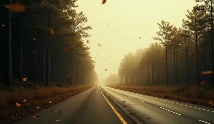 The wind whipped through the roadside trees, hurling leaves across the empty stretch of highway. 