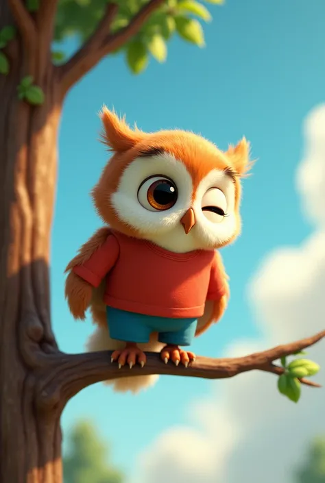 The Owl Decides to Stay Awake During the Day

Prompt: "A cute, Pixar-style owl with big brown eyes, fluffy feathers, wearing a red shirt and blue shorts, sitting on a tree branch during the day. The owl looks determined, with a slight frown, trying to stay...