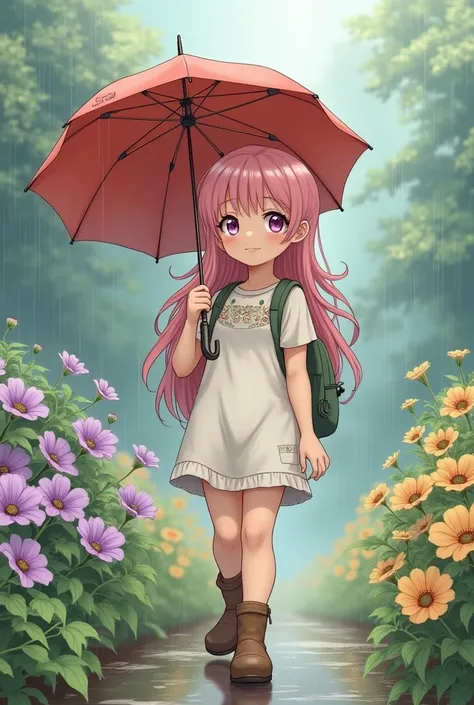 girls 
The personification of snails 
young girl 
Carrying a backpack 
large breasts 
Nursery clothes 
Her hair is light pink 
stupid hair 
Hair that goes up to the shoulders 
Im holding an umbrella 
Im wearing boots 
Morning glories are blooming 
Walking ...