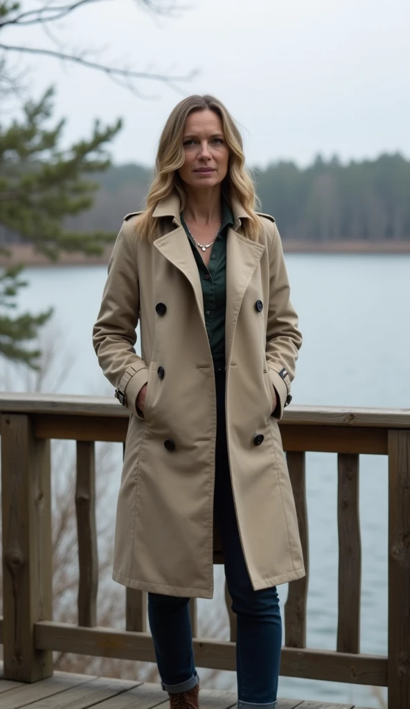 A 38-year-old woman standing on a wooden deck overlooking a lake, dressed in a trench coat.