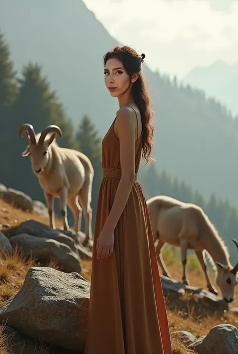 " Photograph of a slender woman ,  160 centimeters high ,  weighs 42 kg and has a very small bust size  (Aa),  in a natural mountainous environment ,  symbolizing the zodiac sign Capricorn .  She wears an elegant dress in earth tones ,  with details that e...