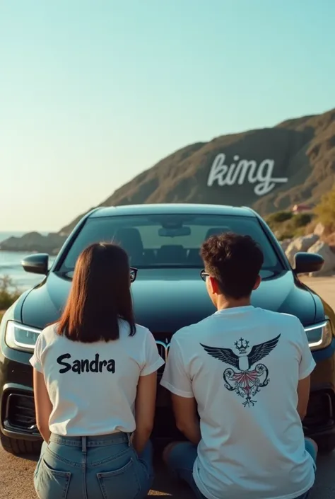 Cinematic photo of an Asian couple sitting in front of a car facing the front in front of the bumper of a car robricon black metallic color chick wearing a t-shirt writing "Sandra" A graffiti model and a guy wearing a box line motif shirt wearing glasses a...