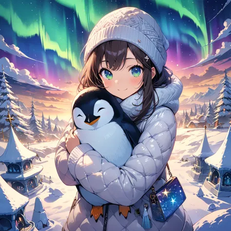 masterpiece, best quality, extremely detailed, absurdres, very aesthetic, illustration, hugging penguin in ice palace, girl in warm clothing, smile, aurora light, winter scene, glitter