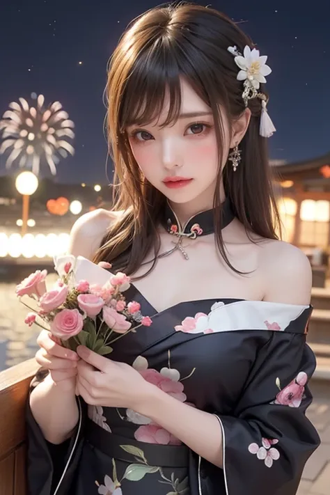 （8k， Japanese Big-Eyed Beauty、Wish Under the Stars 、 Sky Meteor Flew 、 off-shoulder cheongsam 、night、 night view、fireworks