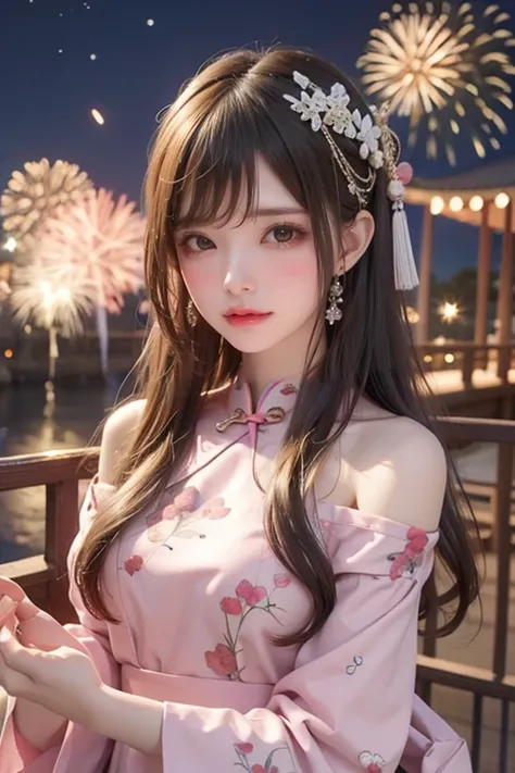 （8k， Japanese Big-Eyed Beauty、Wish Under the Stars 、 Sky Meteor Flew 、 off-shoulder cheongsam 、night、 night view、fireworks