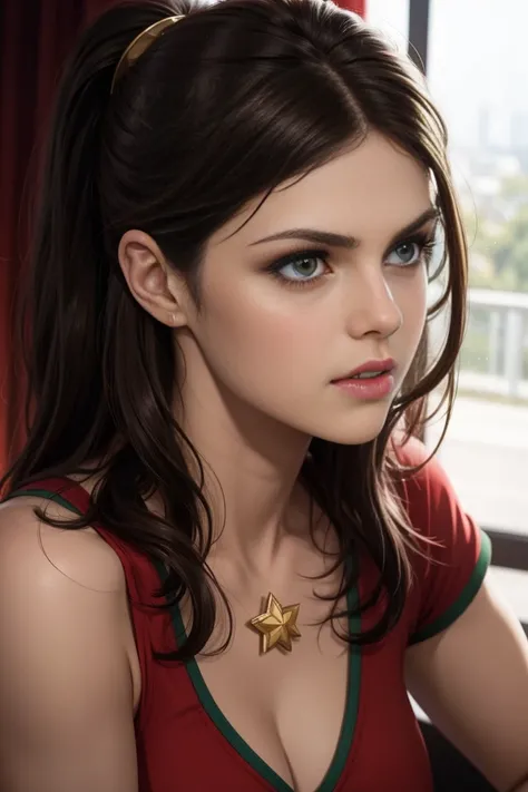 alexandra daddario as a beautiful female superheroine , green eyes brown hair, ponytail, red crop shirt, with a golden Star, wears a golden tiara on forehead with a red gem in her head , golden bracelets, long red boots, and small red shorts portrait photo...