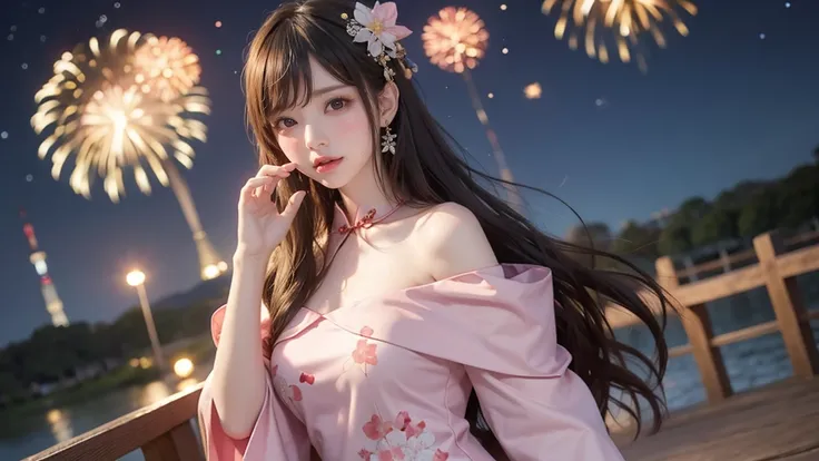 （8k， Japanese Big-Eyed Beauty、Wish Under the Stars 、 Sky Meteor Flew 、 off-shoulder cheongsam 、night、 night view、fireworks