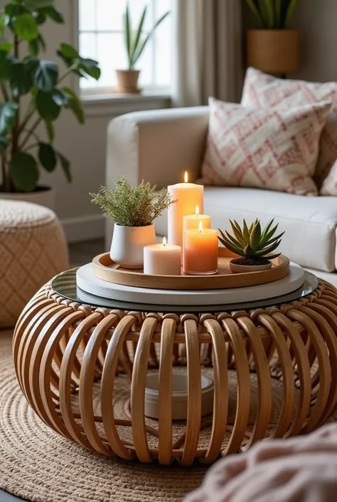 A round rattan coffee table with a glass top, styled with a decorative tray, candles, and a small succulent. The room features boho decor elements like patterned cushions and woven baskets.