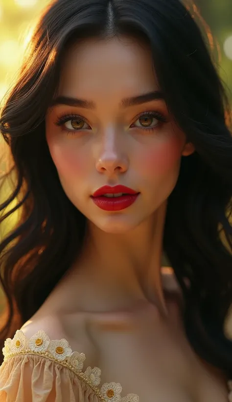 Close-up of Snow Whites face, she has skin as white as snow, lips as red as lipstick, and hair as black as ebony. Her background is in the forest, the light shines warmly on her face