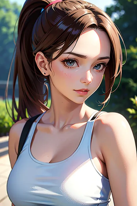 masutepiece, Best Quality, 超A high resolution, (Photorealistic:1.4), Detailed beautiful face, detailed  clothes, Stunning European women, Wearing a tank top, Super Cute, nice perfect face with soft skin perfect face, Gorgeous long ponytail brown hair, 8K r...