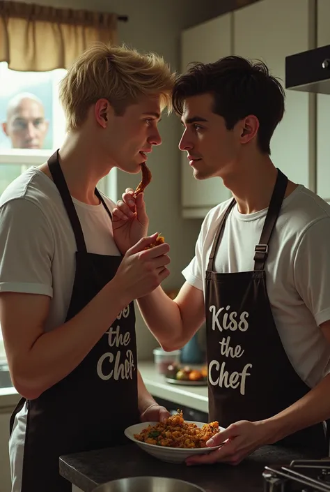 Je souhaite créer une photographie réaliste. Un couple dhommes adulte sans barbe fait la cuisine. Lun est petit  blond aux yeux bleus avec des joues creuses. Lautre est grand avec un long nez ,il est brun et très blanc. Ils ont tous les deux un tablier "em...