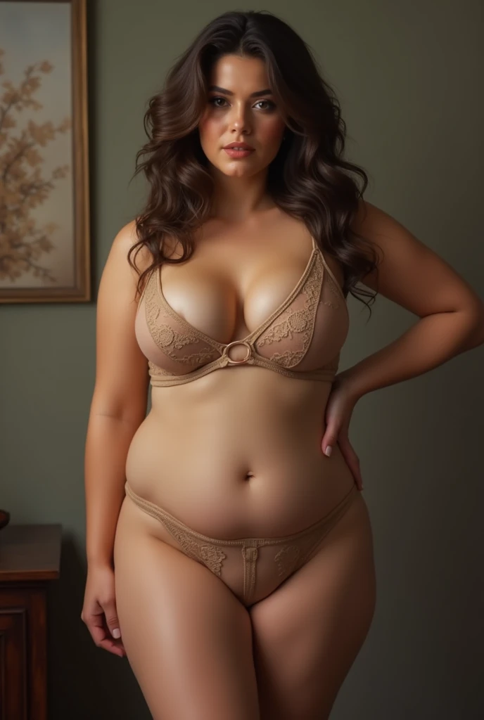 A 40-year-old mature woman with a plump body in underwear