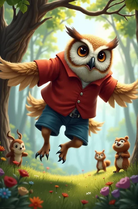 The Owl Falls to the Ground

Prompt: "The owl, wearing a red shirt and blue shorts, tumbles through the air, falling from the branch. Its big brown eyes are wide open in surprise, and its fluffy feathers are flying in every direction. The owls wings are sl...