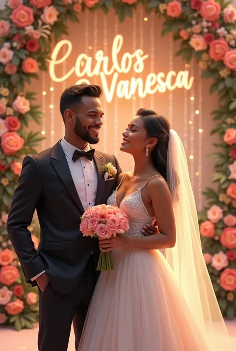 a man (Black American ) 20-year-old to make a wedding with an 18-year-old girl with a big background background that says CARLOS and VANESSA 