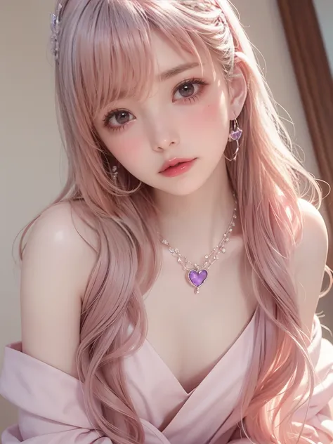 masterpiece,   Best Picture Quality , Beautiful,  White Color Asian Women  ,  Korean Pop Idol ,  long full white wavy hair,  Amber Eyes , Light Purple Dress ,  Drooping Moon Eyes , White eyelashes,  Heart-shaped amethyst necklace and earrings , small face,...