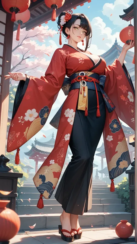 Black hair black red-lined kimono yellow eyes full length fox woman big breasts