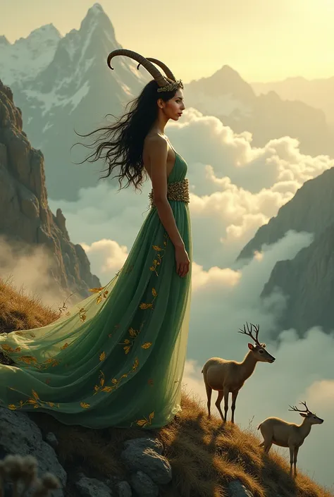 Imagine an ethereal and magical scene where a slender woman, 160 centimeters tall and 42 kg in weight, it stands on top of a majestic mountain. Her figure is delicate, with a very small bust size (Aa), giving it an almost ethereal air. She wears a flowing ...