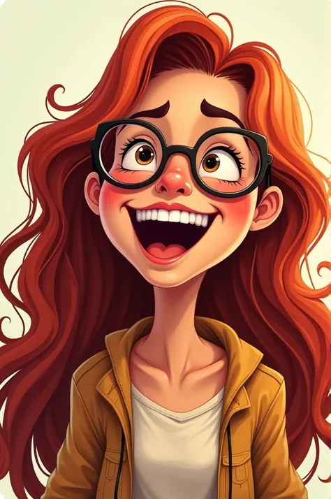  Cartoon of a young Peruvian woman, long red hair,  brown skin, with glasses, loose clothing. Very pretty with mischievous laugh 