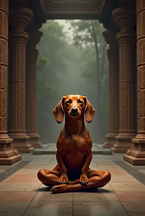 Datchund sitting in meditation in a temle