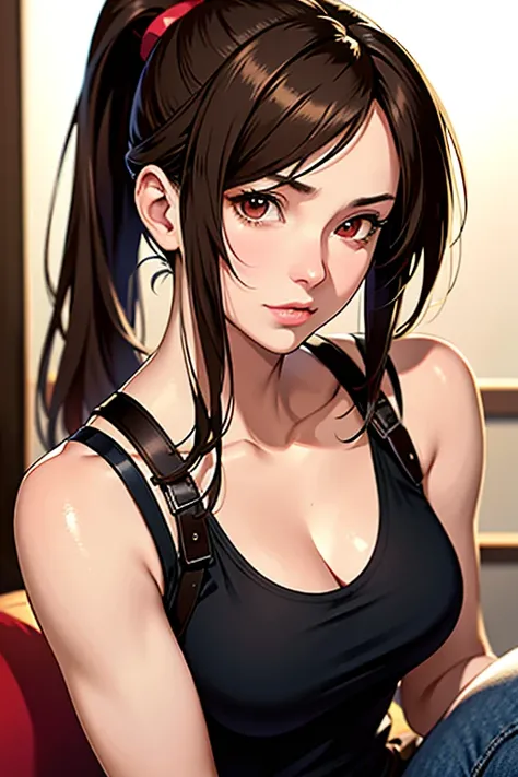 masutepiece, Best Quality, 超A high resolution, (Photorealistic:1.4), Detailed beautiful face, detailed  clothes, Stunning Tifa lockhart, Wearing a tank top, Super Cute, nice perfect face with soft skin perfect face, Gorgeous long ponytail brown hair, 8K re...