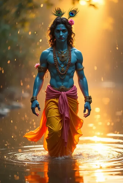 *Imagine a serene and mystical scene where Lord Krishna, the beloved deity, stands gracefully in a tranquil water body during a gentle shower. His blue complexion glows softly in the golden light that bathes the entire setting, enhancing his divine presenc...