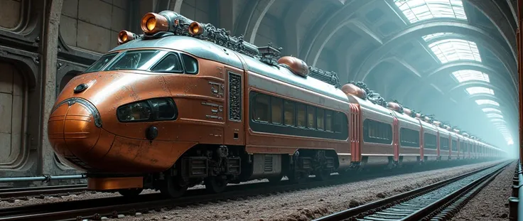 The massive train 800 feet high and 1100 feet wide 60 cars long suspended by no less than 6 magnetic levitation points literally rockets down the airless  1200 foot diameter tunnel located 4 miles below the Earths surface . Gleaming in copper worn silver a...