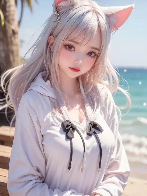 masterpiece,   Best Picture Quality ,  Please paint me a cute girl in a white haired cat ear hoodie in marine art.。 Her hair is pure white 、 swaying in the breeze ， glitters in the sun 。 The cats ear hoodie covers her head 、it has adorable ears on it。 Her ...