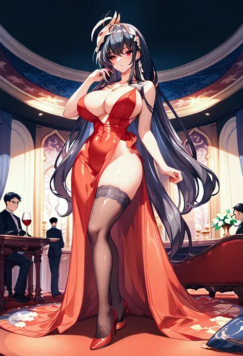 score_9, score_8_up, score_7_up, mlTaiho  ,  well-prepared face, long hair,  hair ornament,Gorgeous Red Dress, black stockings, red high heels, (Big Breasts:1.6), shiny skin, simple background, red eyes,  had their hair crossed with bangs , thin wine glass...