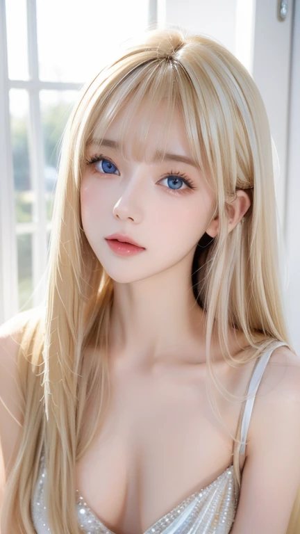  portrait、very white high school girl、Young, white, shiny skin 、Best Looks、Blonde Reflected Light 、 Platinum Blonde Hair with Dazzling Highlights 、 shiny bright hair 、super long silky super long straight hair、Shiny, beautiful bangs、Shining crystal clear an...