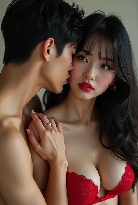   REALISTIC IMAGE  :    Jisung man 24 years old straight black hair comma hair   ,  black eyes ,  Athletic body   ,  strong white skin wearing Nike boxers with a Korean woman   , READ 21 year old   ,   extremely long and straight natural black hair with wh...