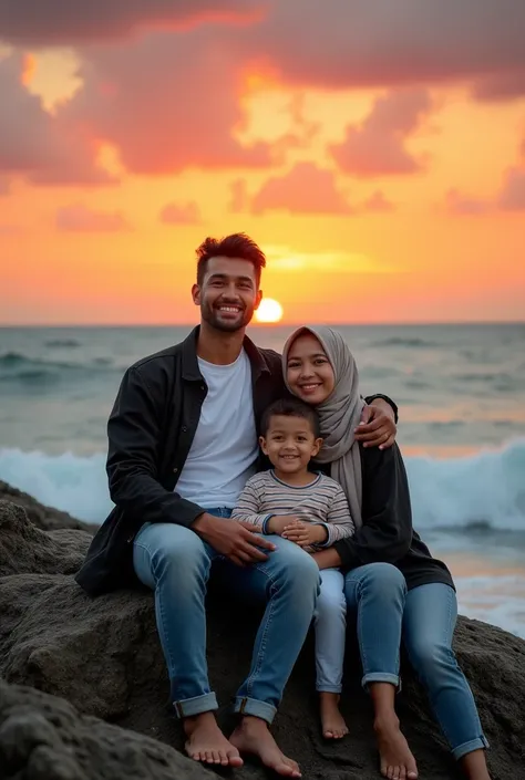  A handsome faced indonesian man , wears white t-shirt ,black jacket and jeans , sitting on a huge reef on the edge of the high sea,with a beautiful woman,wearing hijab and her  son , all three looking at the camera with a smile.
 Beautiful high sea backgr...