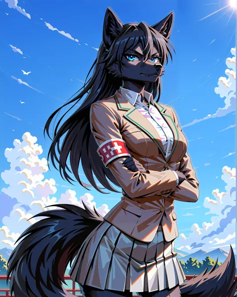 score_9, score_8_up, score_7_up, score_6_up, score_5_up, score_4_up, (detailed face and eyes:1.35), (solo, 1 female wolf anthro:1.5), (whole body black fur, deep blue eyes:1.5), (fluffy fur:1.35), (realistic:1.25), (beautiful, cool, boyish, dignified, earn...