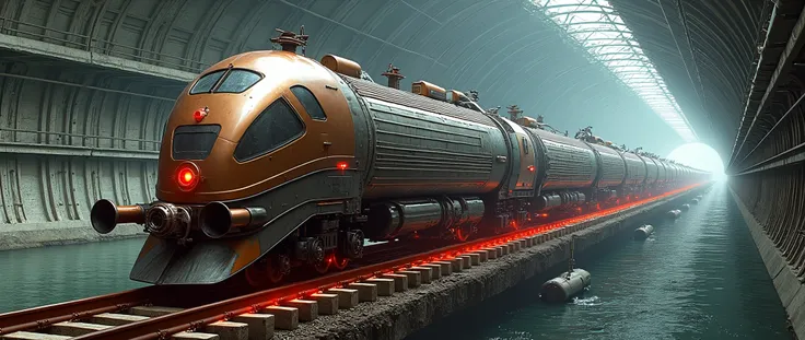 The massive train 800 feet high and 1100 feet wide 60 cars long suspended by no less than 6 magnetic levitation points literally rockets down the airless  1200 foot diameter tunnel located 4 miles below the Earths surface . Gleaming in copper worn silver a...