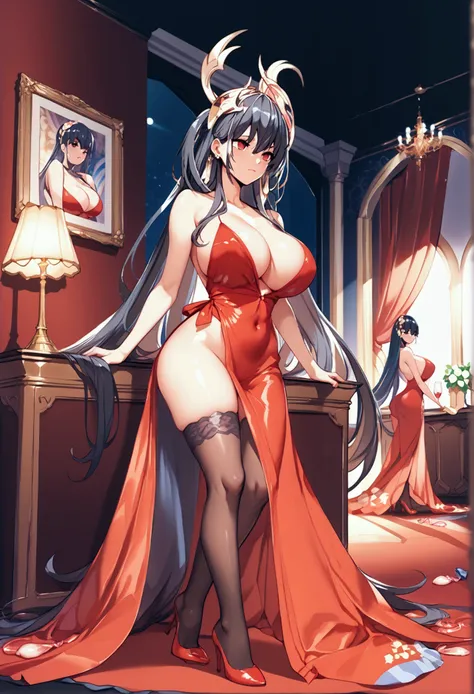 8k,score_9, score_8_up, score_7_up, mlTaiho  ,  well-prepared face, long hair,  hair ornament,Gorgeous Red Dress, black stockings, red high heels, (Big Breasts:1.6), shiny skin, simple background, red eyes,  used condom attached to  , thin wine glass,Being...